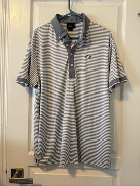 Striped Gray & White Short-Sleeve Polo with Contrasting Collar